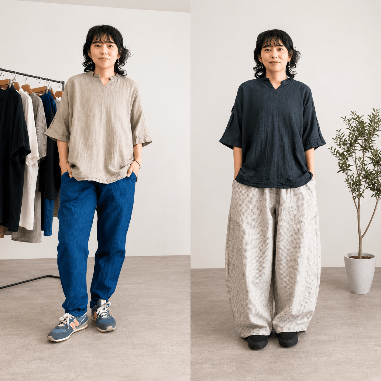 キーネックガーゼTシャツの着用コーデ